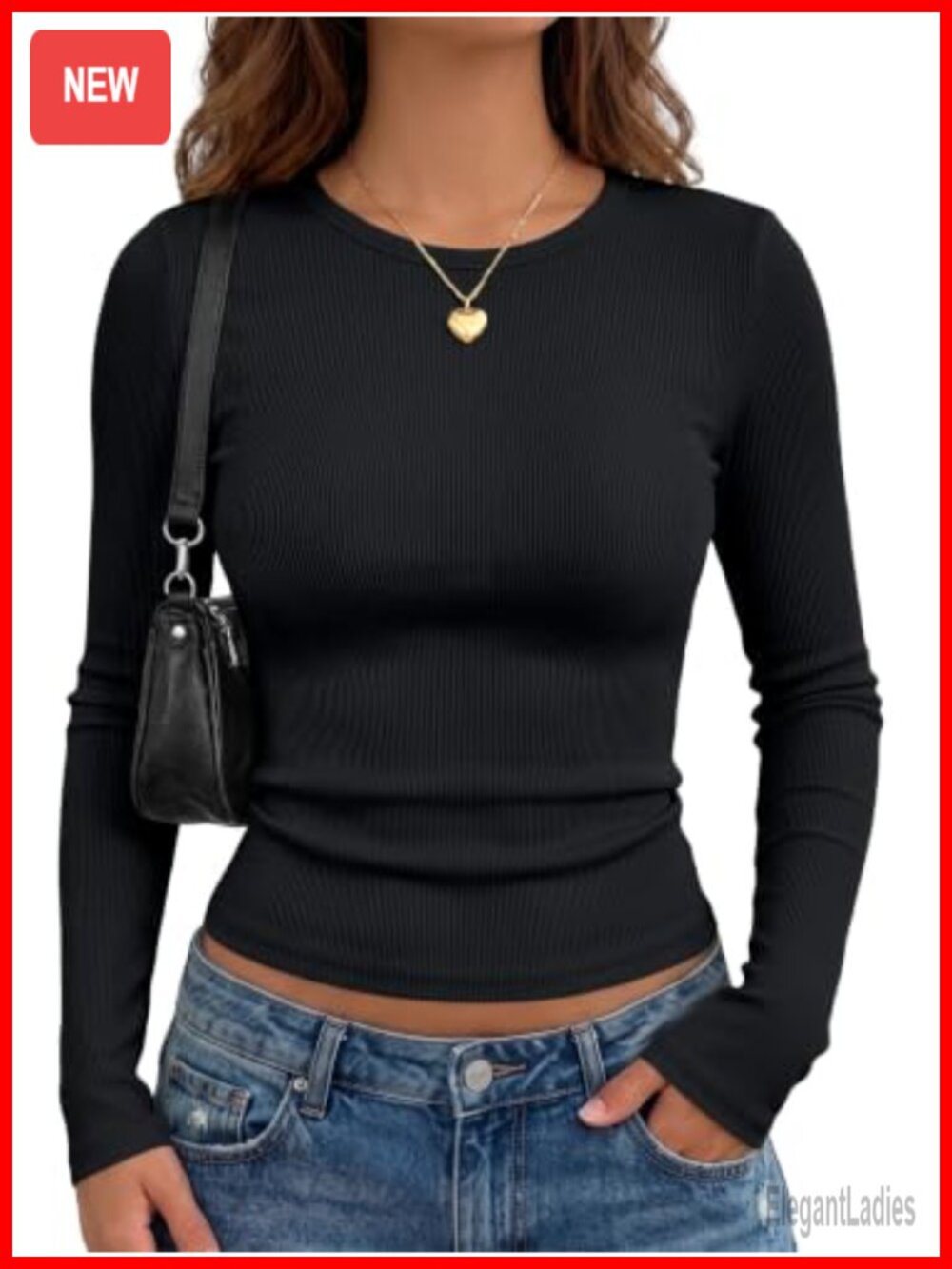 AUTOMET Ribbed Long Sleeve Crew Neck Top Fitted Pullover for Work